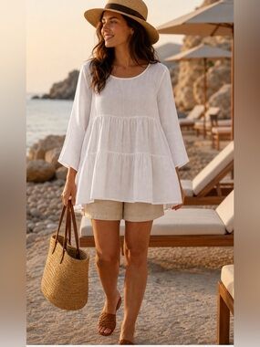 Francesca Bettini White 100% Linen Tiered Tunic Top L
